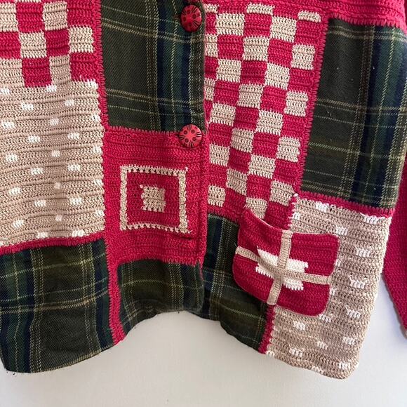 TM Sport Cardigan Sweater MEDIUM Vintage Patchwork Hand Knit Grandma Holiday Red - Picture 5 of 13